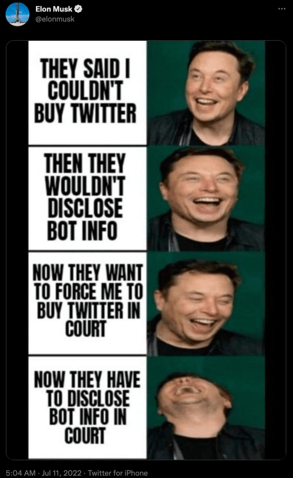 Elon Musk shared a meme of himself mocking Twitter – despite claims he may be forced to complete the buyout