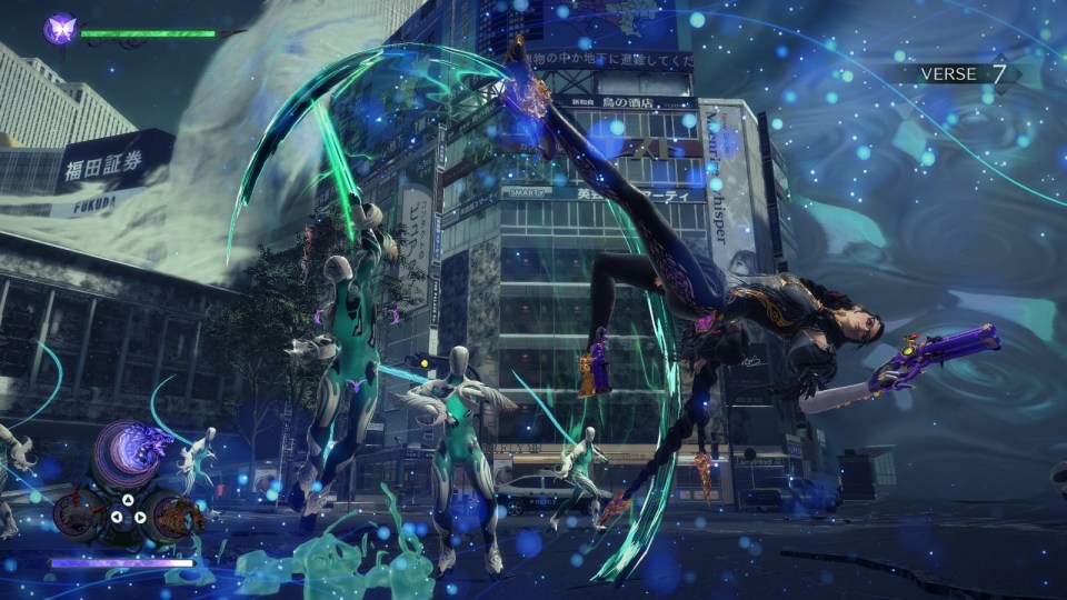 Bayonetta kicking high into the air during Witch Time while fighting a group of enemies. Bayonetta 3 - Platinum Games