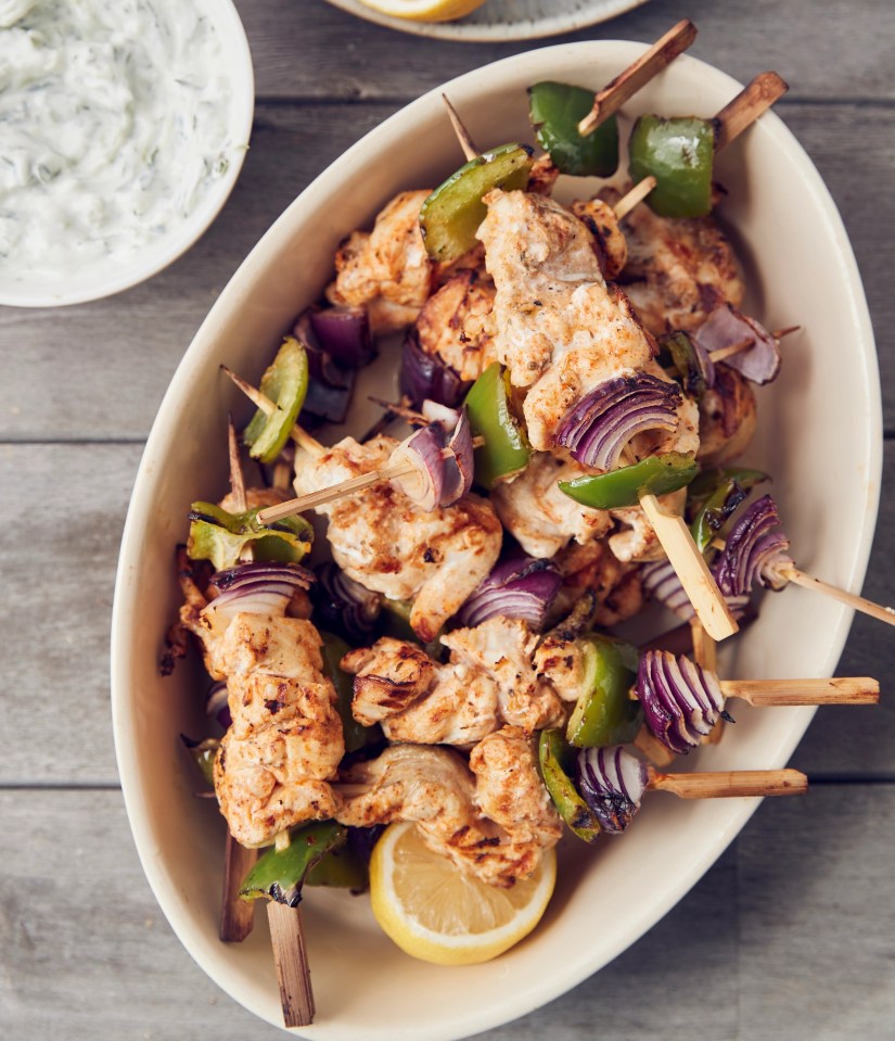 Souvlaki-style chargrilled chicken & veg skewers