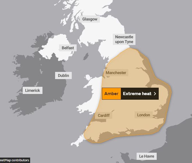 It'll get even hotter as the week goes on. An amber alert - meaning there's a possible danger to life - has been issued for most of England and Wales