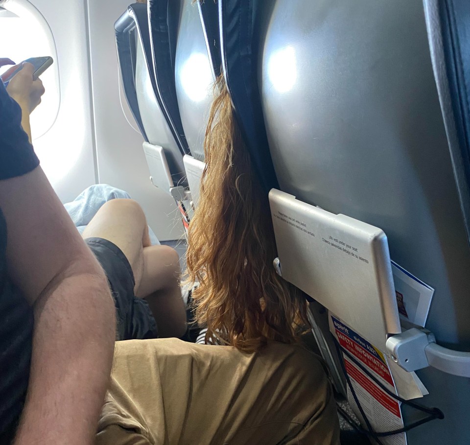 A passenger was left stunned after a woman rudely poked her hair through the seats on a flight