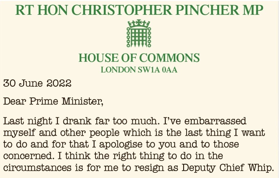 Pincher's resignation letter to the Prime Minister