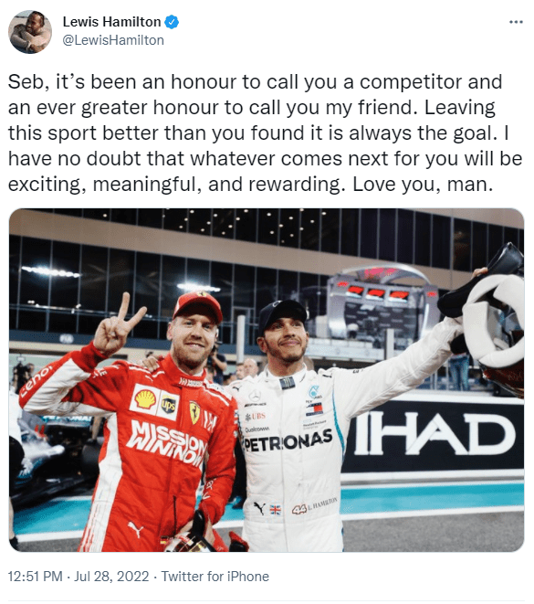 Hamilton posted a fitting tribute to Vettel on social media