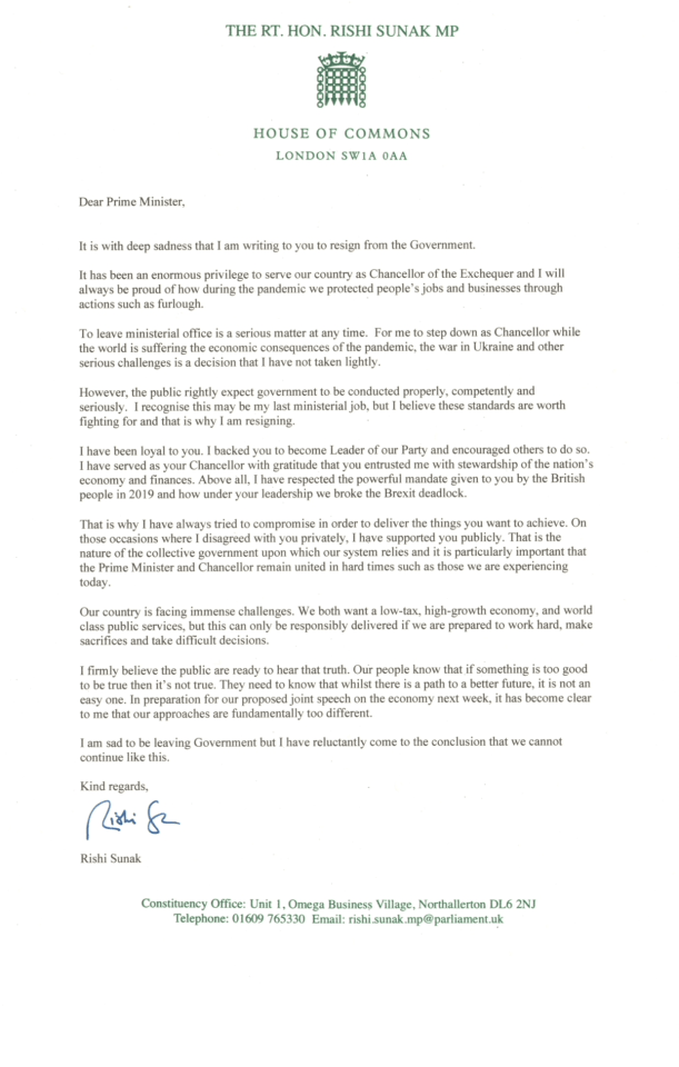 Rishi Sunak's devastating resignation letter