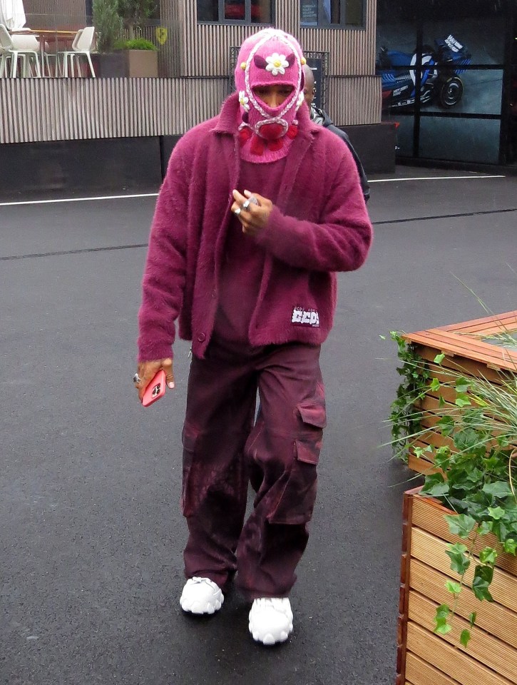 Sir Lewis Hamilton dressed in pink and wore a knitted balaclava as he turned up at Spa on Saturday