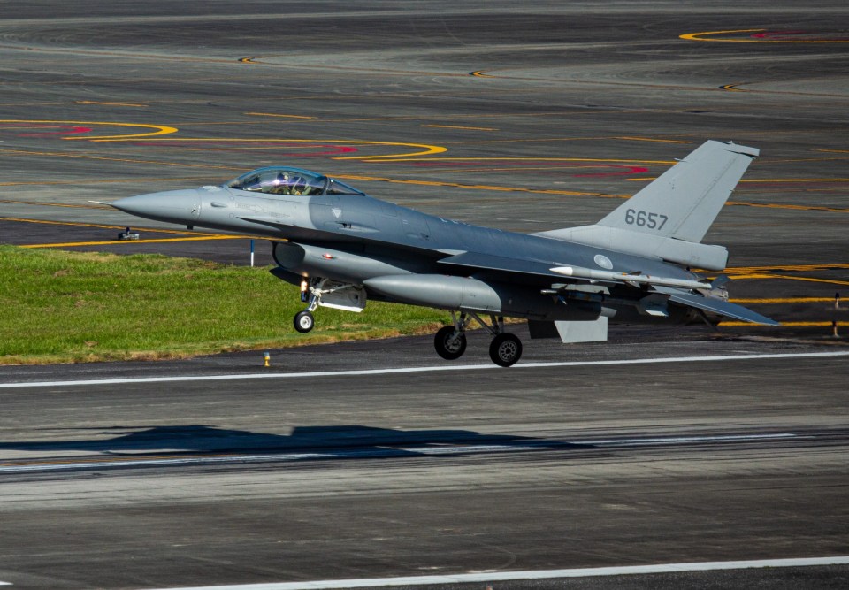 A Taiwanese F-16 Fighting Falcon fighter jet lands at Hualien Air Force Base on Saturday