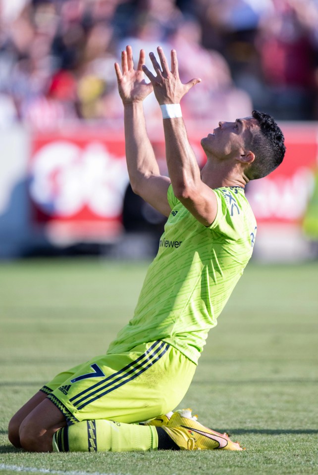 Ronaldo looks to the sky in frustration after seeing a header go over the bar