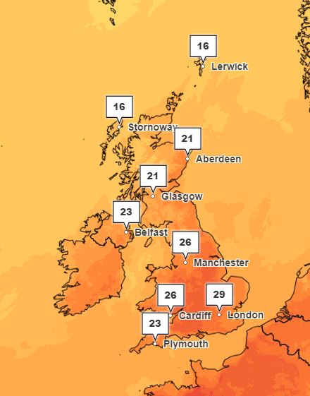 A weather map shows the whole country will experience warm temperatures on Wednesday