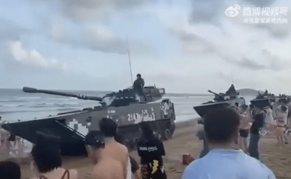 Chinese tanks seen in footage shared on social media allegedly massing on beaches in Fujian