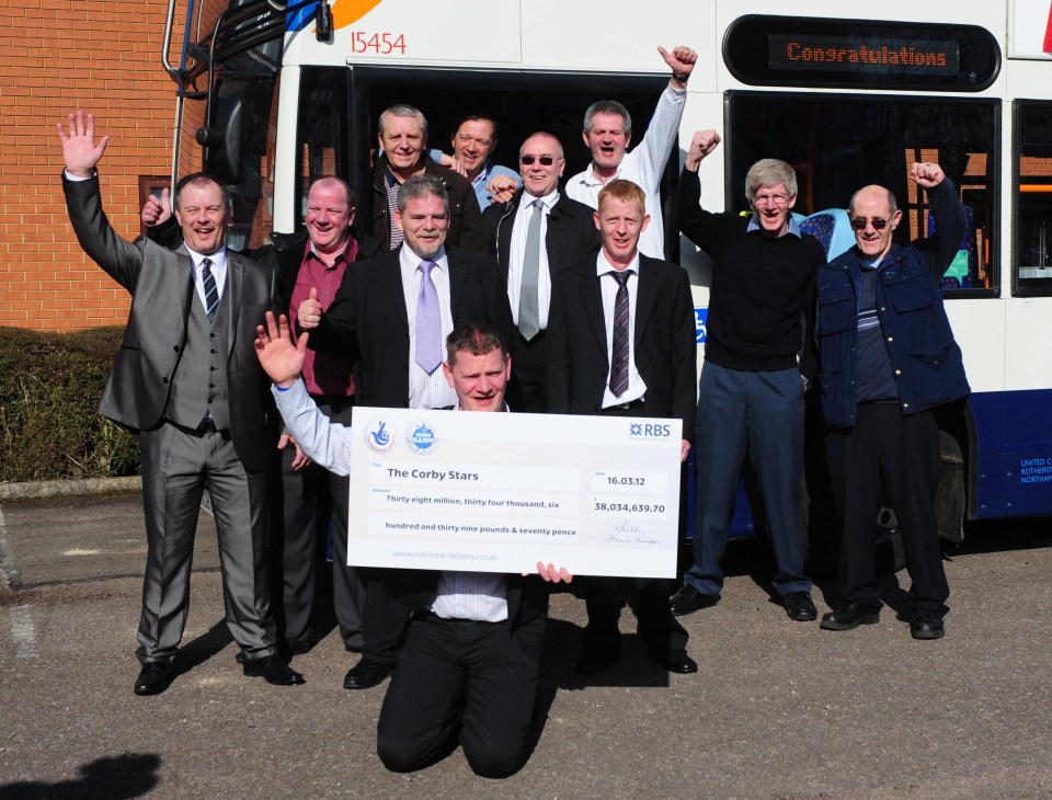 The bus drivers, including Alex Robertson, pictured top in white shirt, were delighted with their jackpot