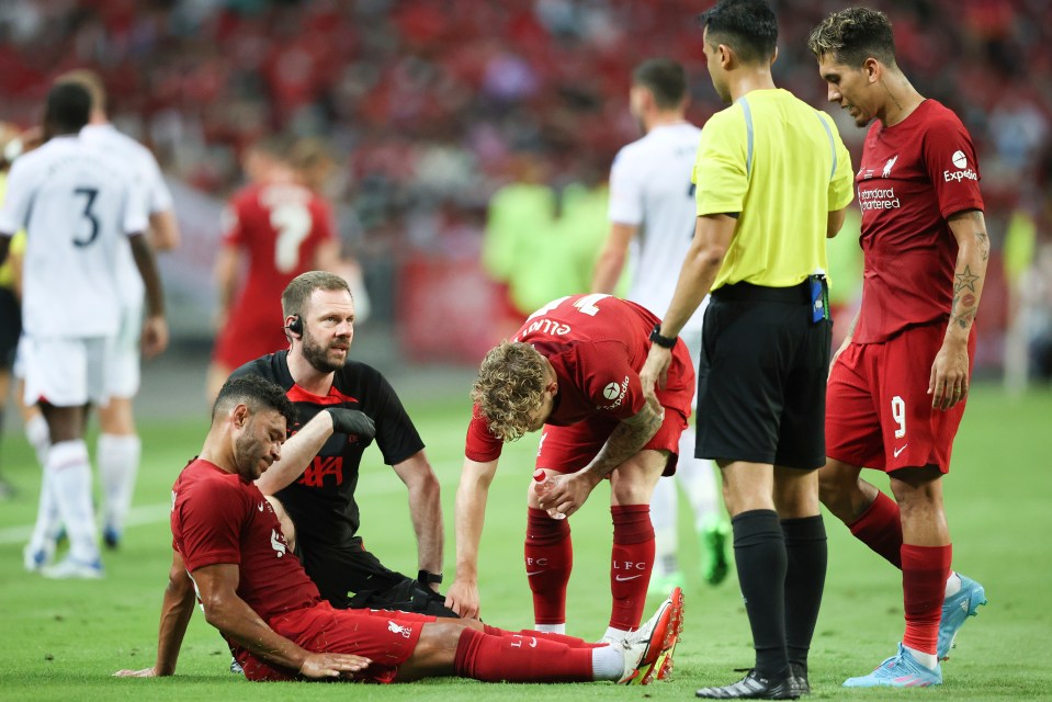 Liverpool’s Alex Oxlade-Chamberlain receives treatment during the Singapore Trophy friendly with Crystal Palace last month