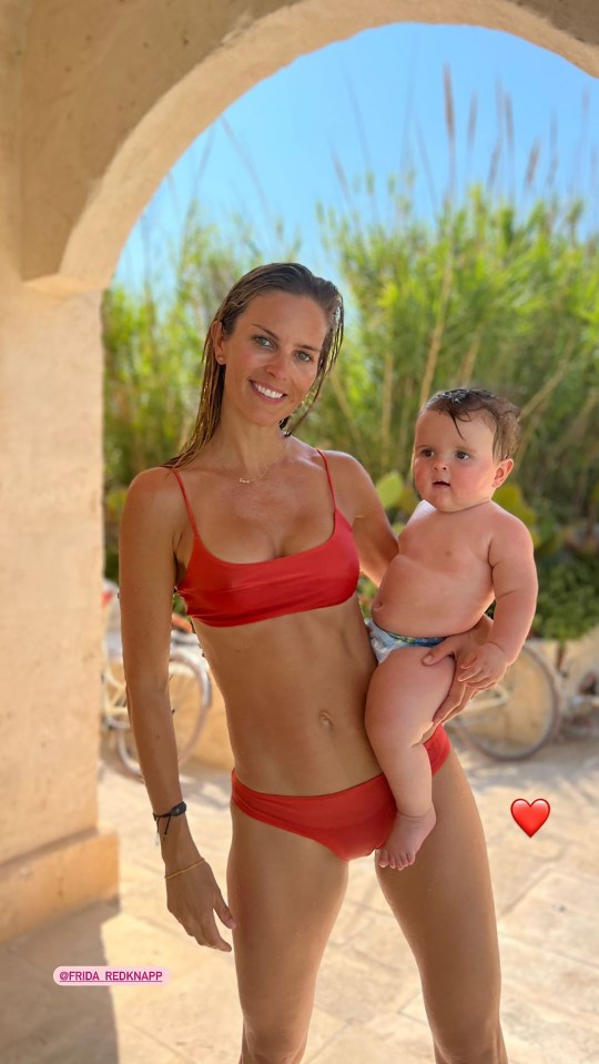 Jamie Redknapp’s wife Frida had a Baywatch moment in a red bikini as she cuddled their son Raphael