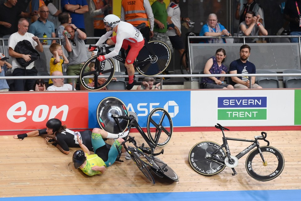 The Olympic champion crashed into the crowd during the last lap of the scratch race