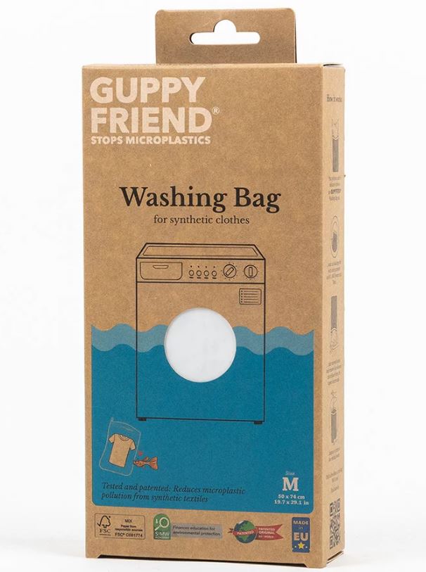 Guppy Friend is a mesh laundry bag that goes into the washing machine with your clothes in. It captures the microfibres, stopping them going into the water system