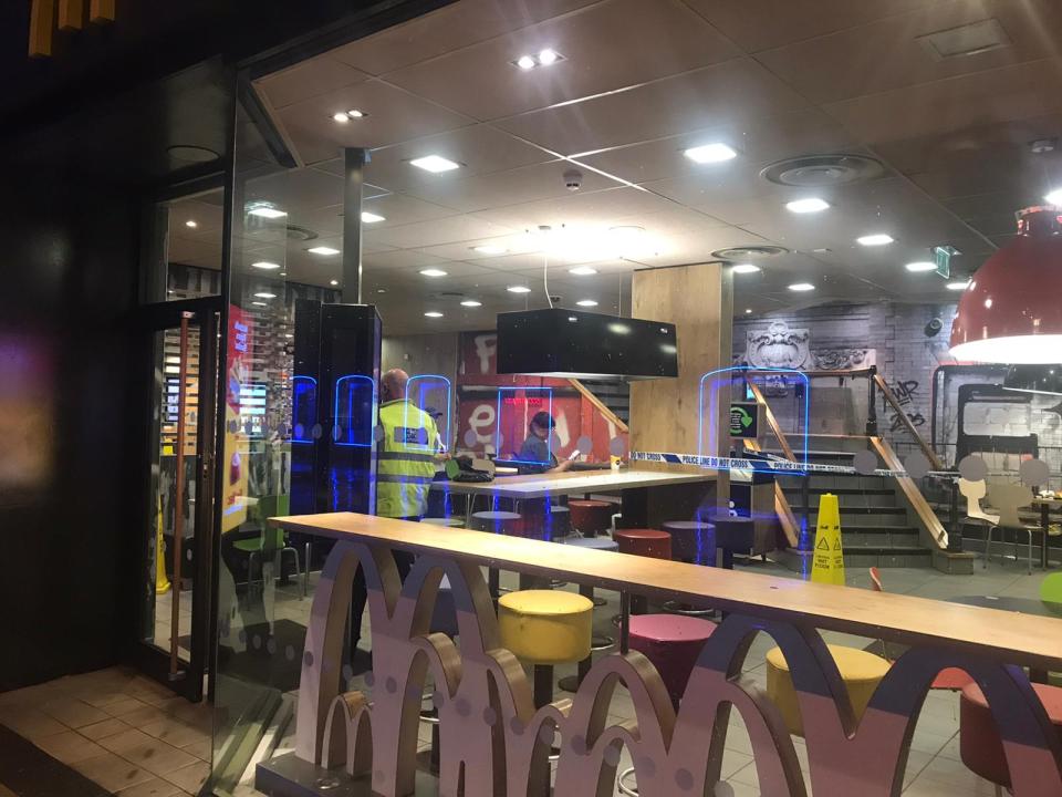 Police at McDonald’s in Linthorpe Road, Middlesbrough, after a teenage customer was stabbed