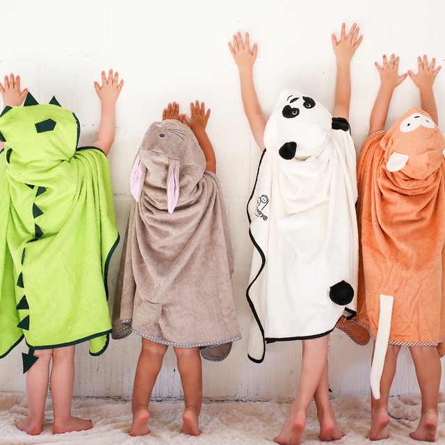 The bath towels are available for ages one to six in dragon, panda, monkey, penguin and bunny designs