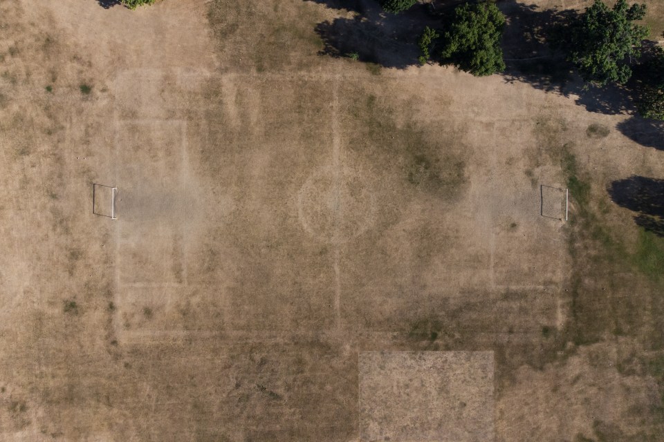 Lines are still visible on this sun-baked footie pitch in Reading