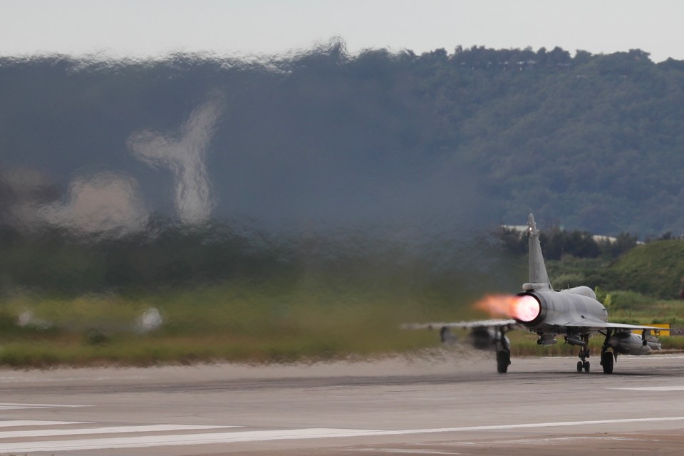 A Mirage 2000 fighter jet prepares to take off at an airbase in Hsinchu, Taiwan