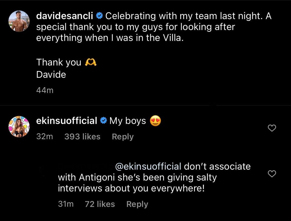 One fan warned Ekin-Su on Instagram before Davide deleted the post