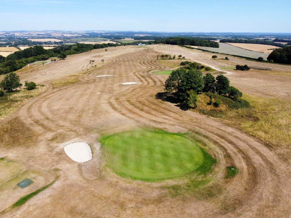 The scorched fairway and watered green at Dorset golf course