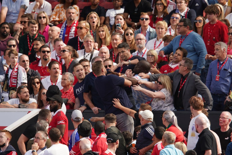 Two Man Utd fans scrap during their side's horror loss to Brighton