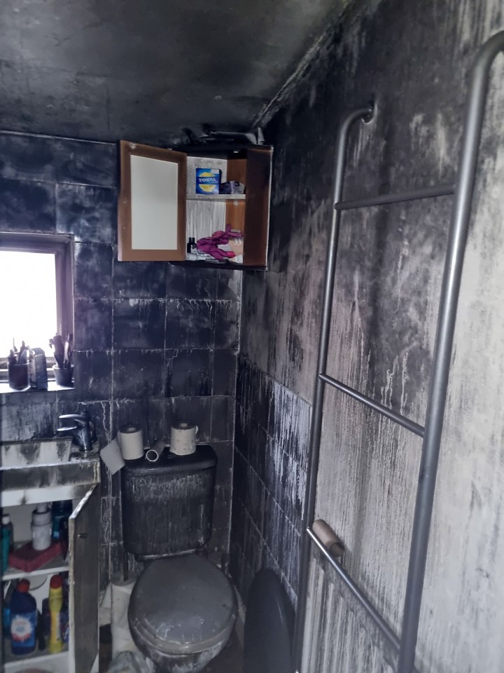 The bathroom also looked black after the flames