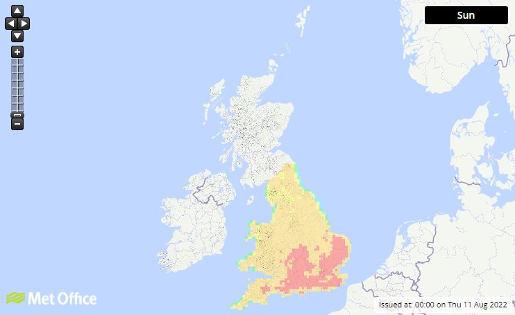 The Met Office showed "exceptional" risk of wildfire in southern areas on Sunday