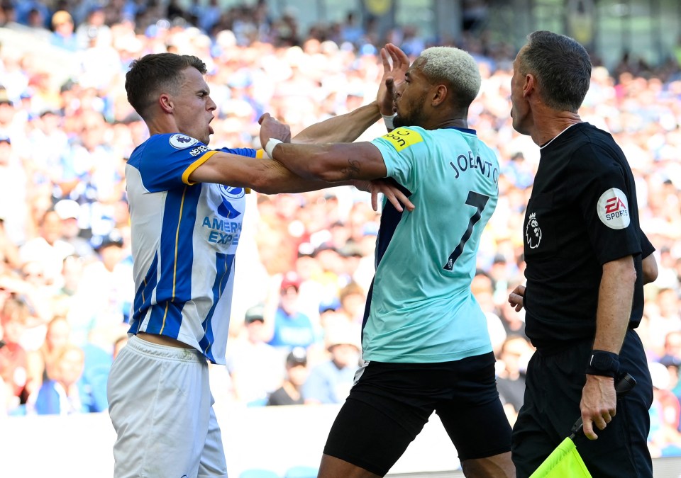 Tempers flared early in the second half as Joelinton and Solly March came to blows, both earning a yellow card