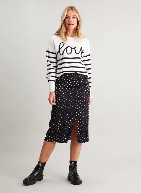 This black mono polka dot satin midi skirt is just £20 from Sainsbury's