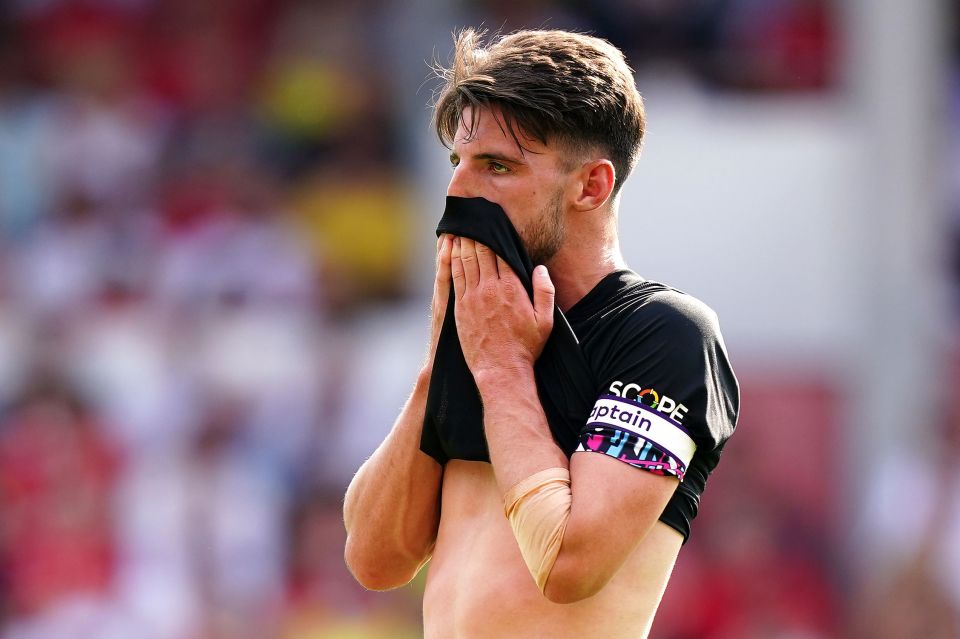 Declan Rice reacts after missing a penalty against Nottingham Forest