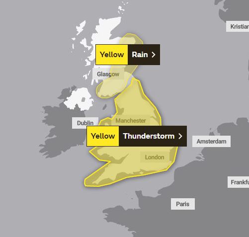 Yellow weather warnings for rain and thunderstorms are in place across the UK