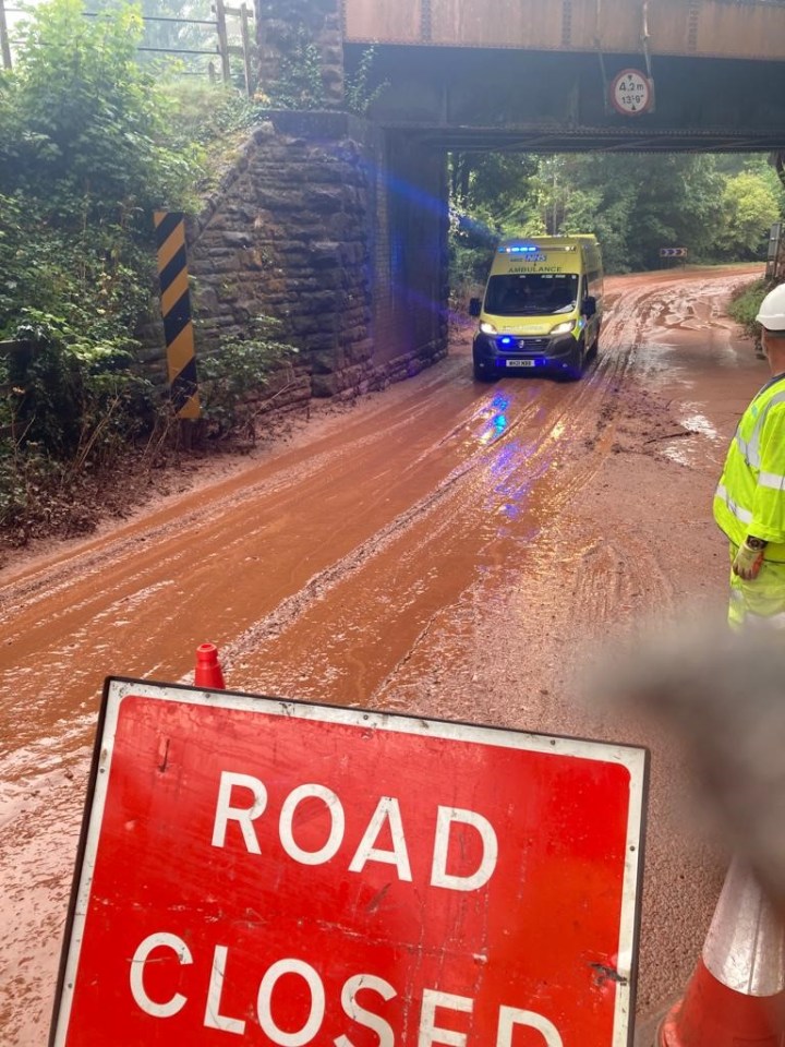 A mudslide that has closed the A358 near Combe Florey, Somerset, yesterday