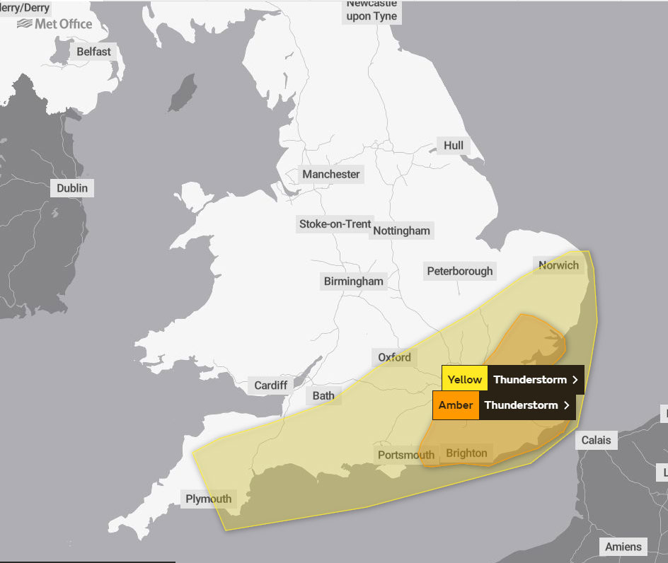 UK weather map showing yellow and amber thunderstorm warnings