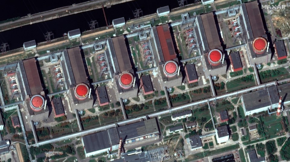 This satellite image provided by Maxar Technologies shows the six reactors at ZNPP