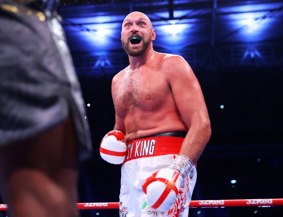 Tyson Fury smiles during his WBC heavyweight championship fight with Dillian Whyte