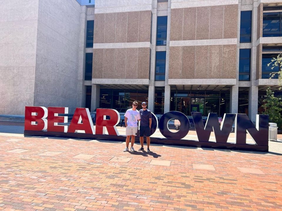 Jamie posed for a snap with Charley as they arrived on campus