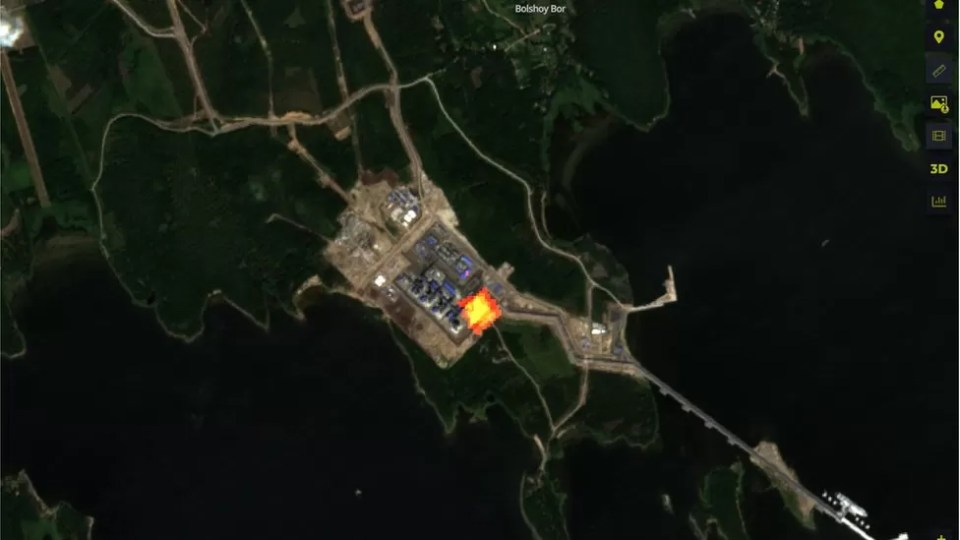 A colourised version of a satellite image shows infrared radiation from the burning of gas at the Portovaya plant in Russia