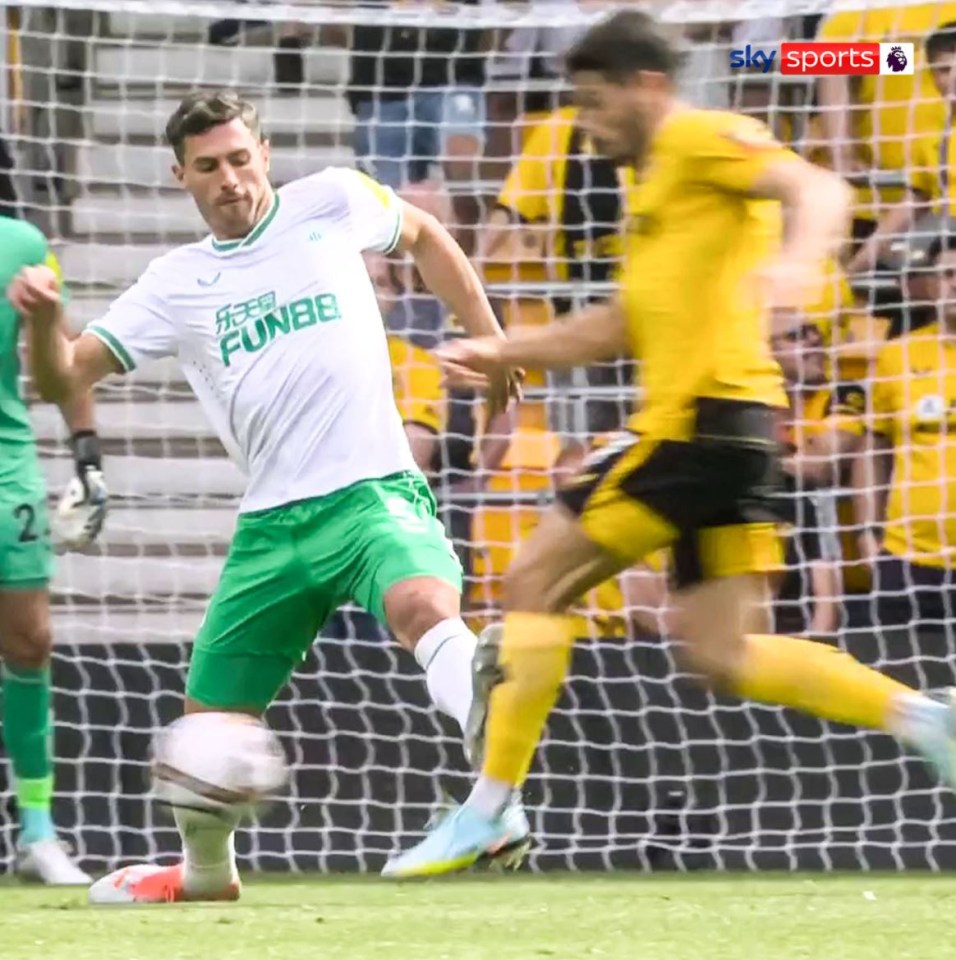 Fabian Schar was lucky not to receive a red card for this horrific challenge on Wolves star Pedro Neto 