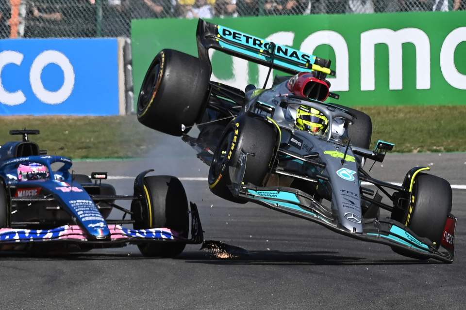 Hamilton was sent into the air after colliding with Fernando Alonso