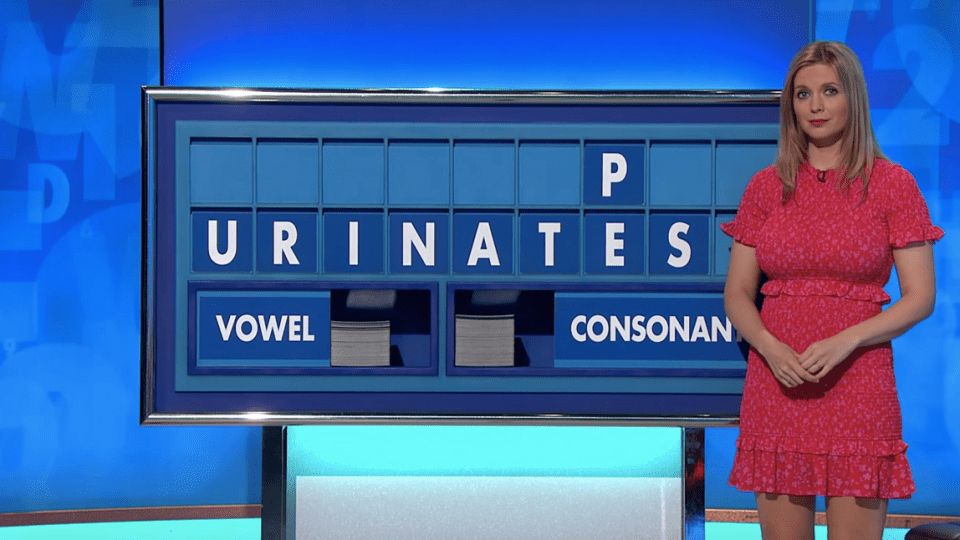 Rachel Riley tried to keep straight-faced as she spelt out ‘urinates’ on Countdown