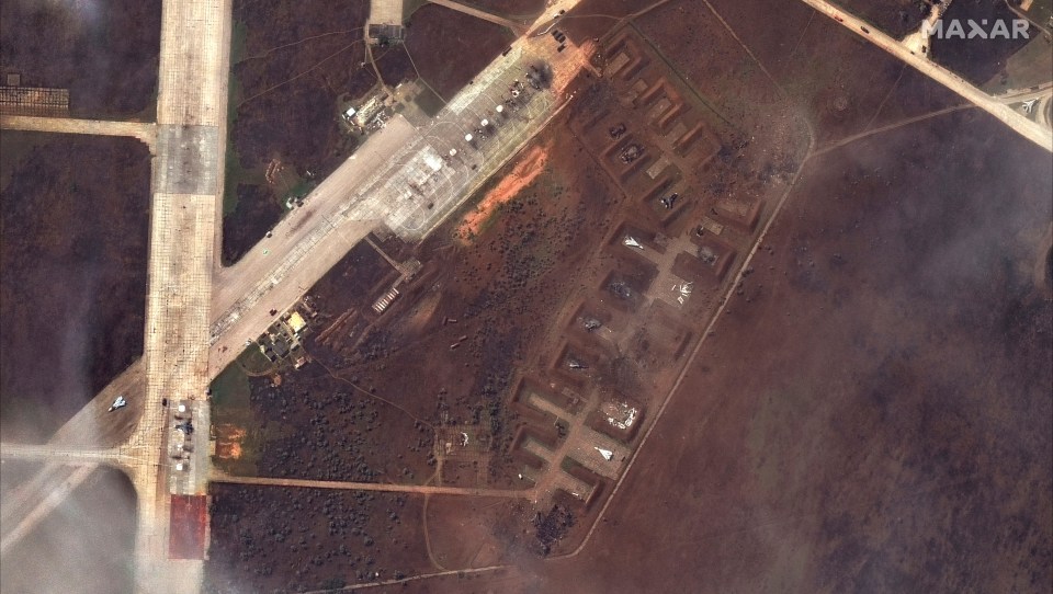 A view of damaged aircraft at Russia’s Saki air base in Crimea after a blast