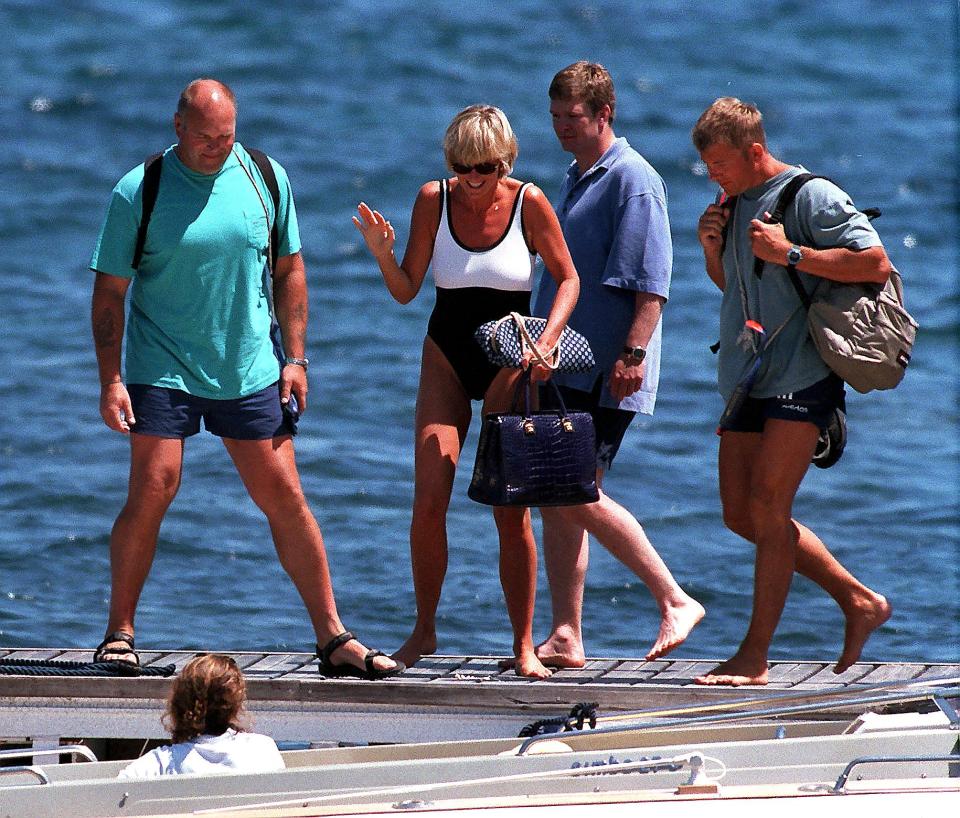 Diana with Rees-Jones, centre, in Saint-Tropez a month before the crash