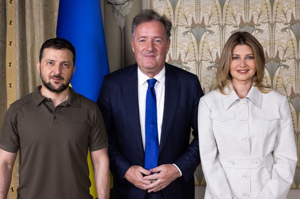 Piers Morgan pictured with the President of Ukraine Volodymyr Zelensky and first lady Olena