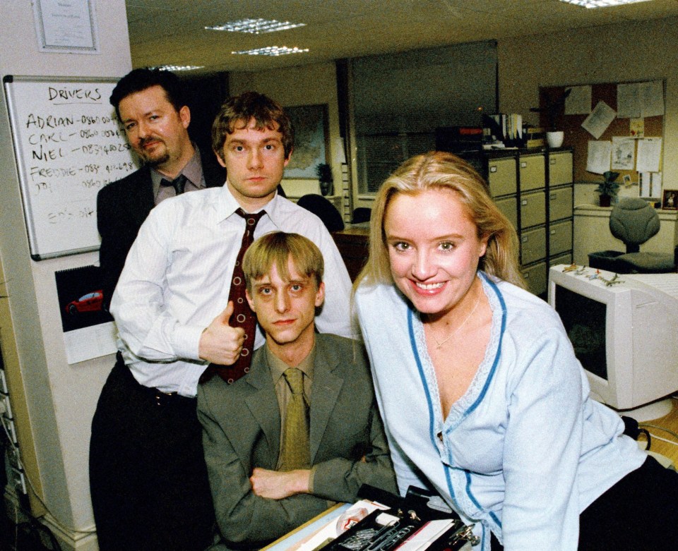 Ricky Gervais, Martin Freeman, Mackenzie Crook and Lucy in The Office