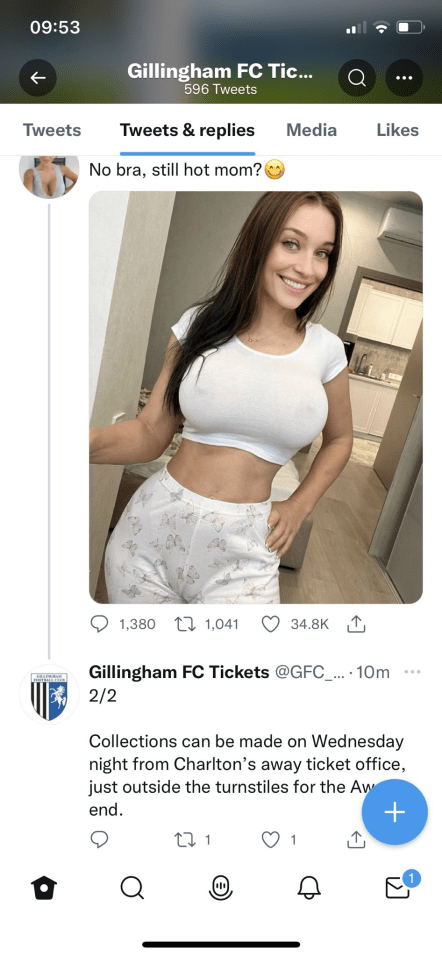 'No bra, still hot mom?' asked the tweeter before Gillingham's Twitter account replied