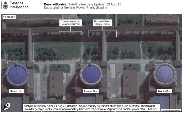 Satellite photos released by the British Ministry of Defence show Russian forces near the ZNPP