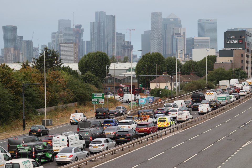 Traffic queues built up on the A102M Blackwall Tunnel approach in Greenwich in South East London