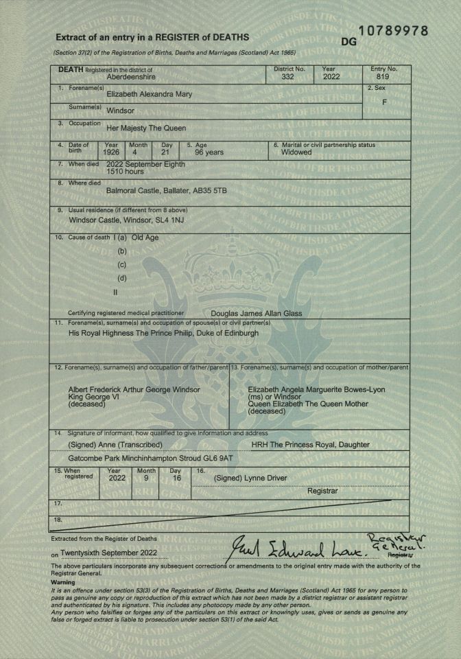 The late monarch's death certificate revealed her cause of death to be old age