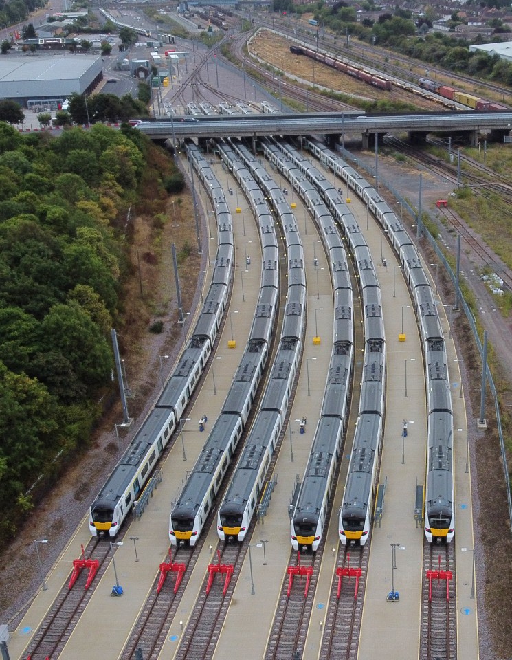 Trains lined up in sidings in Peterborough today