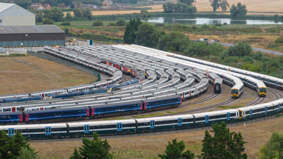 Trains are parked at sidings in Ely, Cambs, this morning